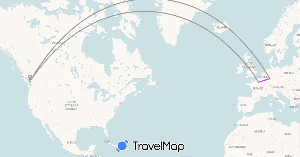 TravelMap itinerary: plane, train in Canada, Germany, France, United Kingdom (Europe, North America)